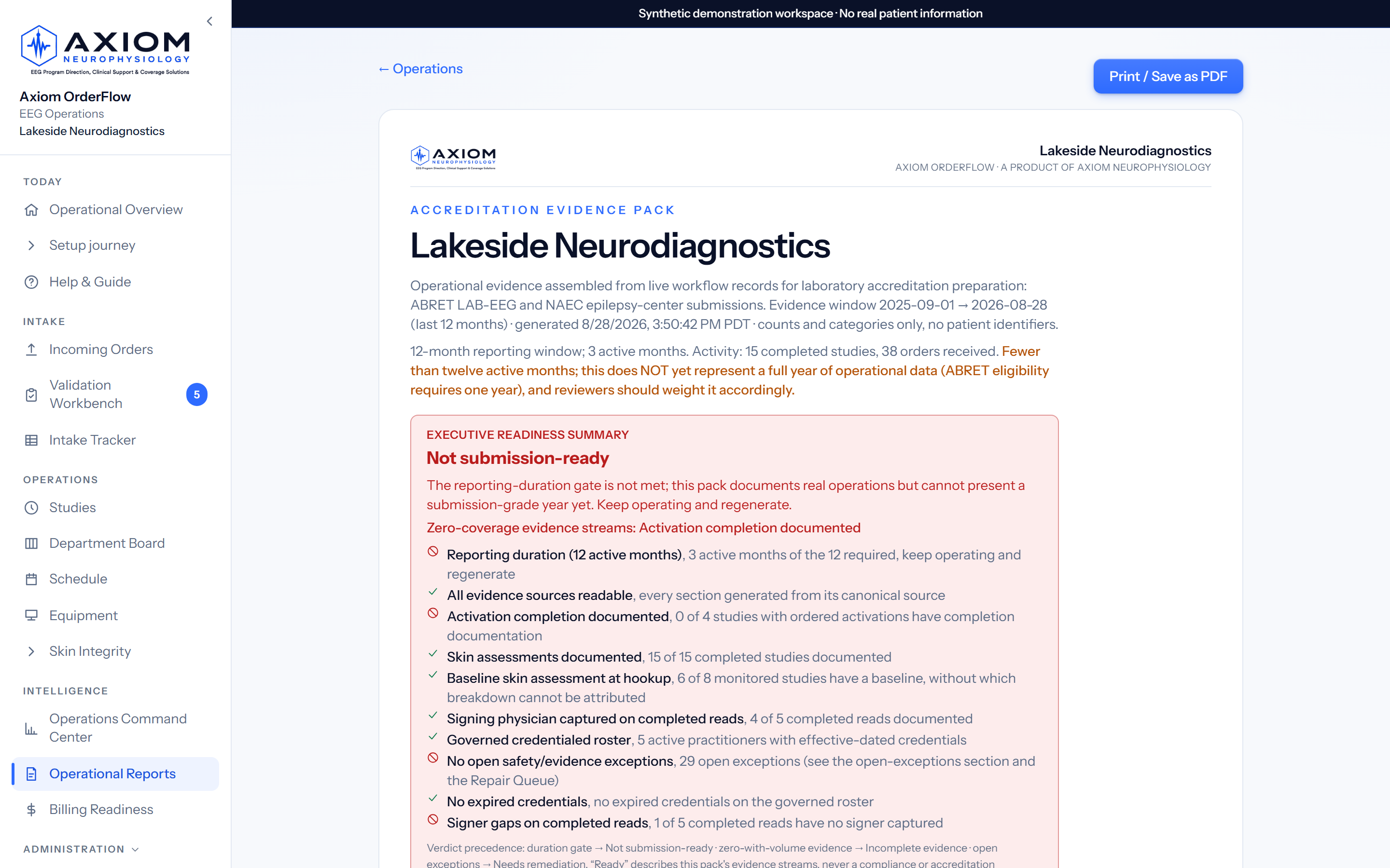Accreditation evidence, assembled rather than hunted: live product screenshot with synthetic demo data