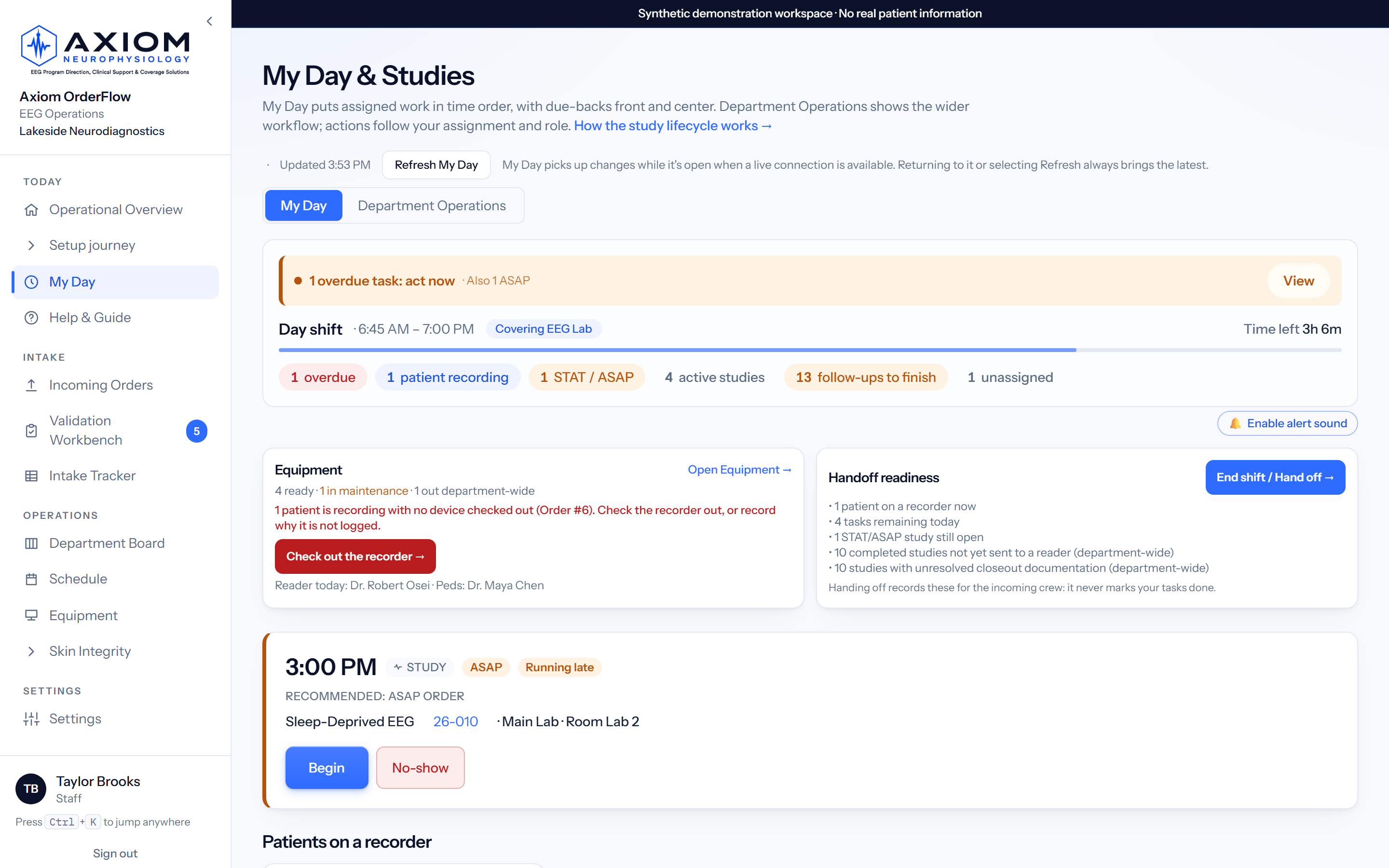 Technologists get a runlist, not a spreadsheet: live product screenshot with synthetic demo data