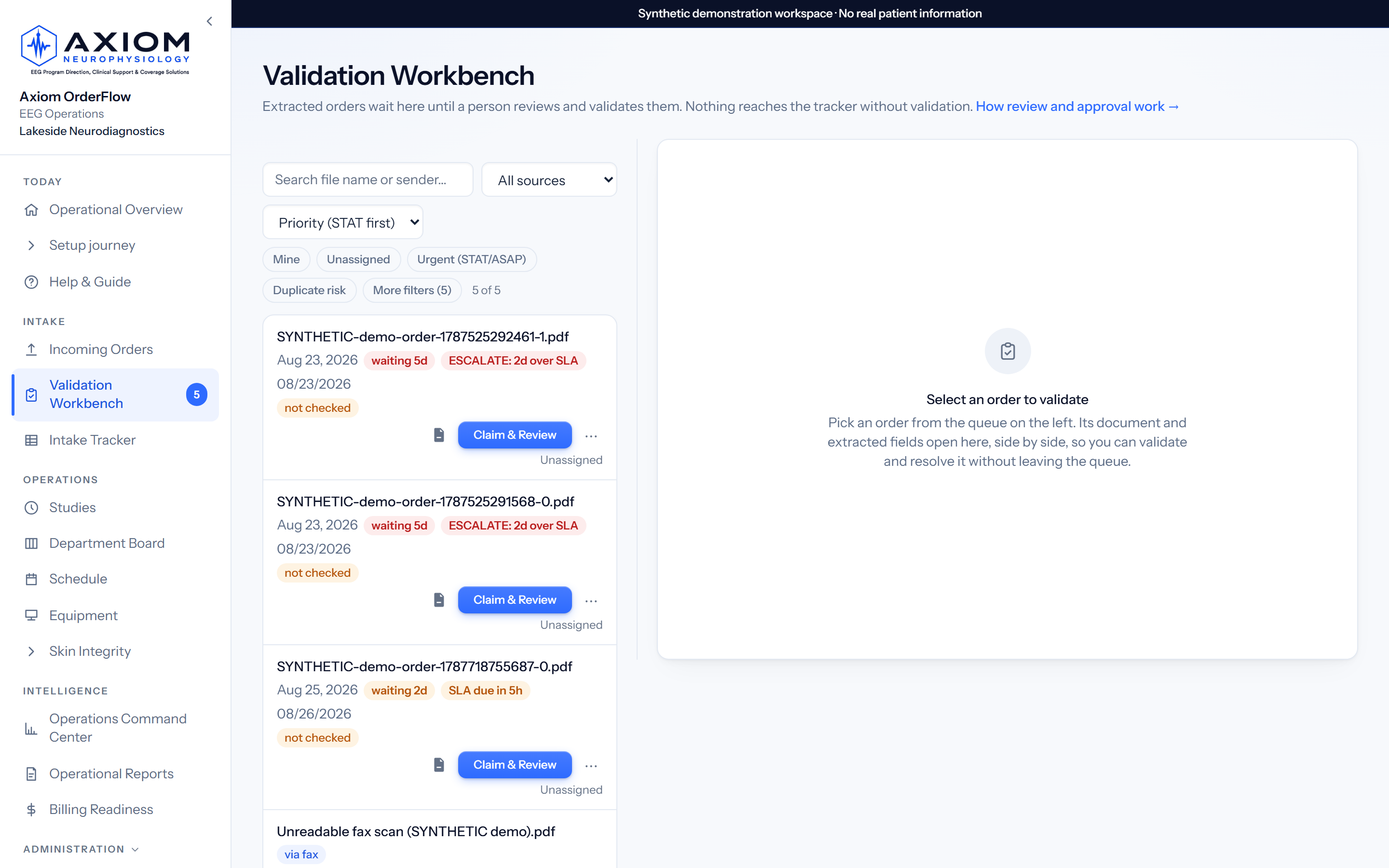 Nothing reaches the tracker without a person validating it: live product screenshot with synthetic demo data
