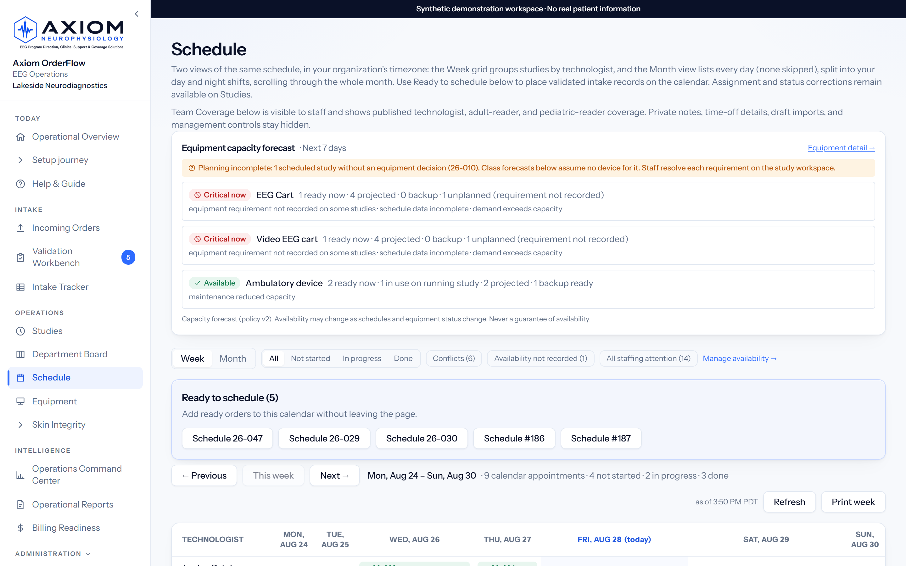 Schedule: live product screenshot with synthetic demo data