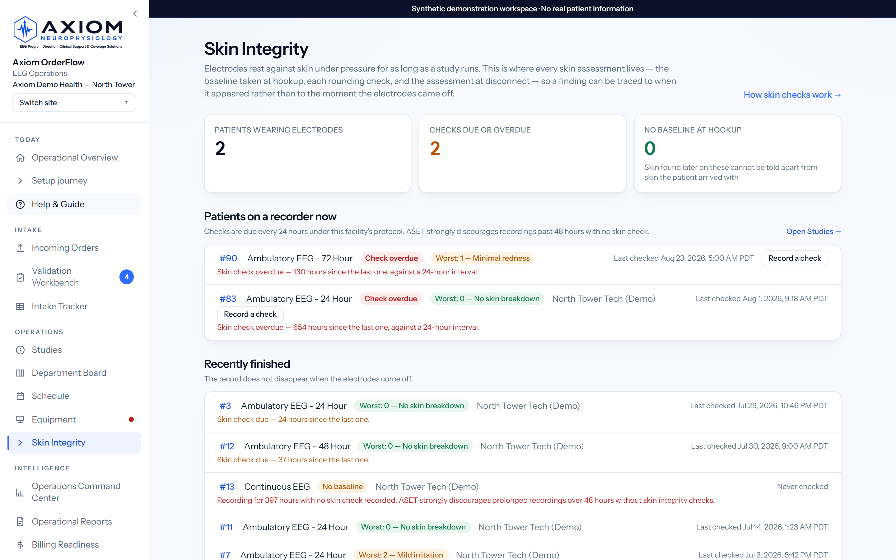 Prove what the electrodes did to the skin, and when: live product screenshot with synthetic demo data